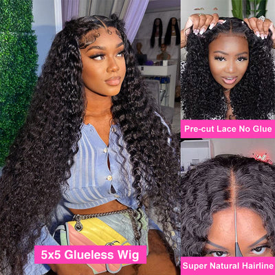 Wear Go Deep Wave 5x5 HD Lace Closure Wig with Pre Plucked Hairline Pre Cut Curly Glueless Wigs Human Hair Ready to Wear