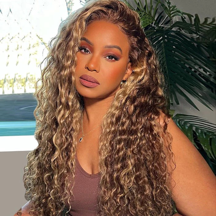 Honey Blonde Highlighted 13x4 Lace Front Water Wave Wig