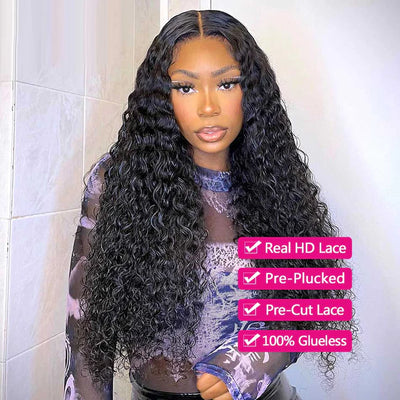 Wear Go Deep Wave 5x5 HD Lace Closure Wig with Pre Plucked Hairline Pre Cut Curly Glueless Wigs Human Hair Ready to Wear