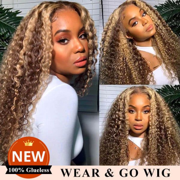 Wear And Go Wig-Curly Brown Hair With Blonde Highlights Pre-Cut HD 5x5 Closure Wig