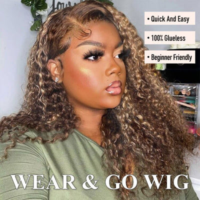 Wear And Go Wig-Curly Brown Hair With Blonde Highlights Pre-Cut HD 5x5 Closure Wig