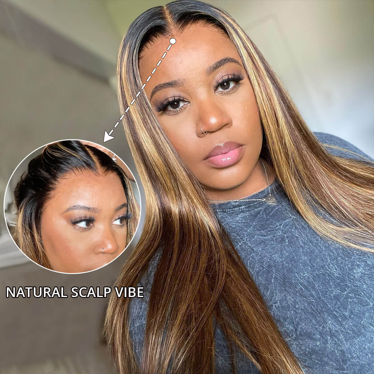 Straight Ombre Highlight Honey Blonde Wigs With Dark Roots 13×6 Full Frontal HD Lace Wig 180% Density