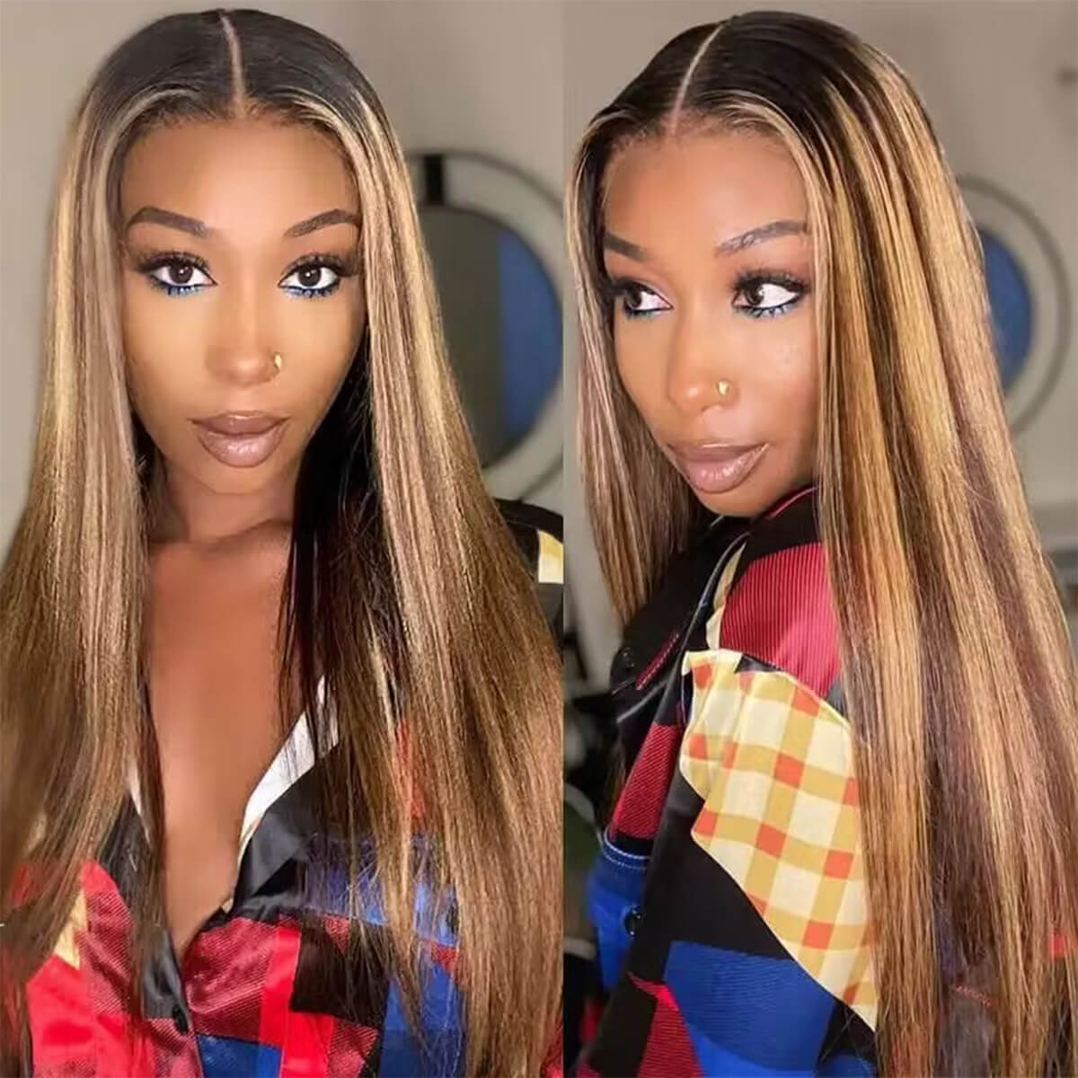 Straight Ombre Highlight Honey Blonde Wigs With Dark Roots 13×6 Full Frontal HD Lace Wig 180% Density