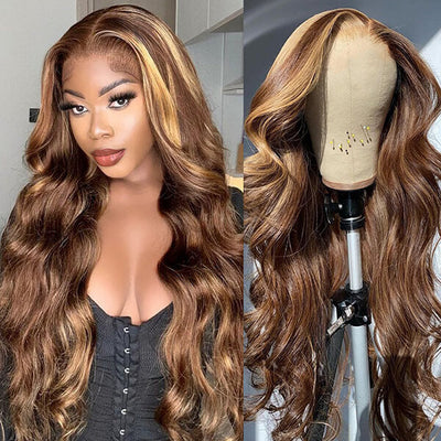 Glueless Wear and Go Wig Brown Hair with Blonde Highlights Body Wave Lace Front Human Hair Wig