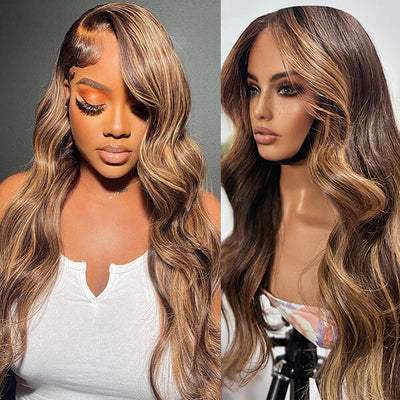 Glueless Wear and Go Wig Brown Hair with Blonde Highlights Body Wave Lace Front Human Hair Wig