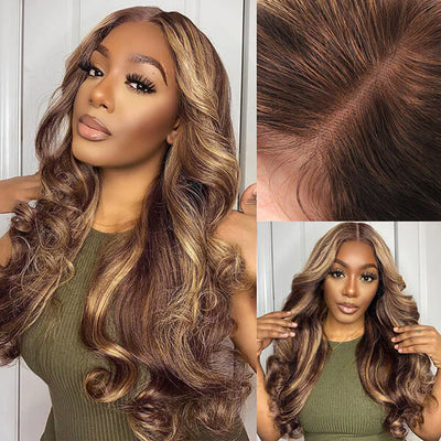 Glueless Wear and Go Wig Brown Hair with Blonde Highlights Body Wave Lace Front Human Hair Wig