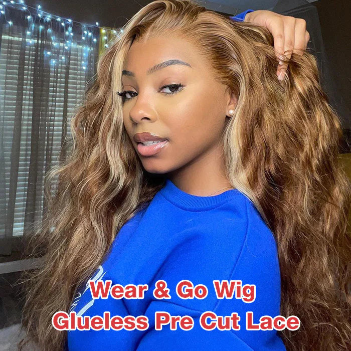 Glueless Wear and Go Wig Brown Hair with Blonde Highlights Body Wave Lace Front Human Hair Wig