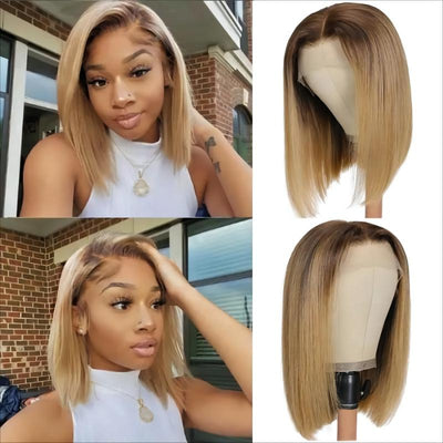 Ombre Brown Layered Lob Lace Front Wig 13*4 Lace Closure Straight Wig