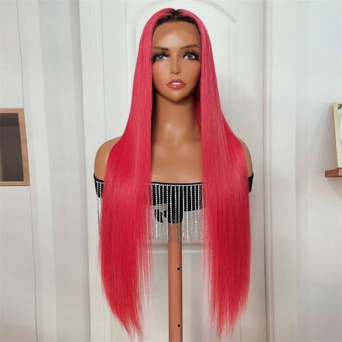 Rose Red Ombre 13x4 Lace Front Straight Wig With Dark Roots