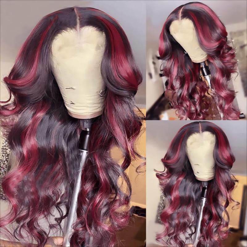 Dark Burgundy With Rose Red Highlights 13x4 Lace Front Loose Wave Wig