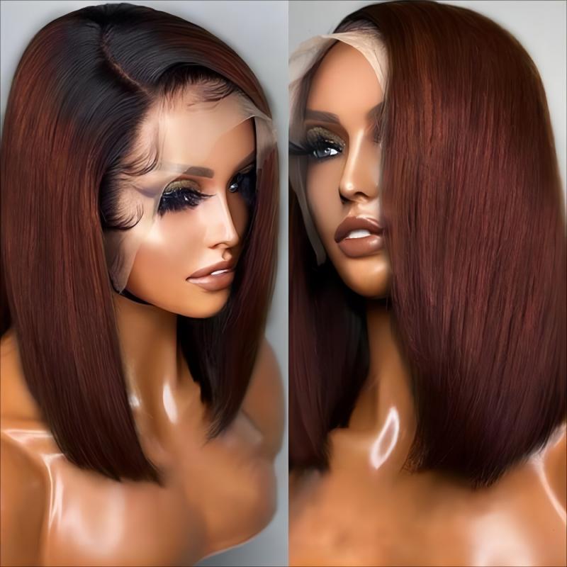 Dark Copper Red Balayage Angled Sleek 13x4 Lace Front Bob Wig