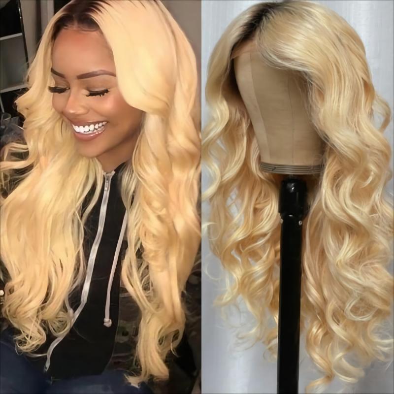 Golden Blonde Loose Wave Wig With Dark Roots 13x4 Lace Front Wig