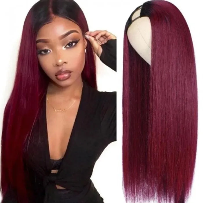 1B 99J Burgundy Ombre Human Hair Straight New U Part Wig