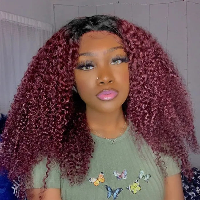 Magenta Ombre With Dark Roots Curly V Part Wig