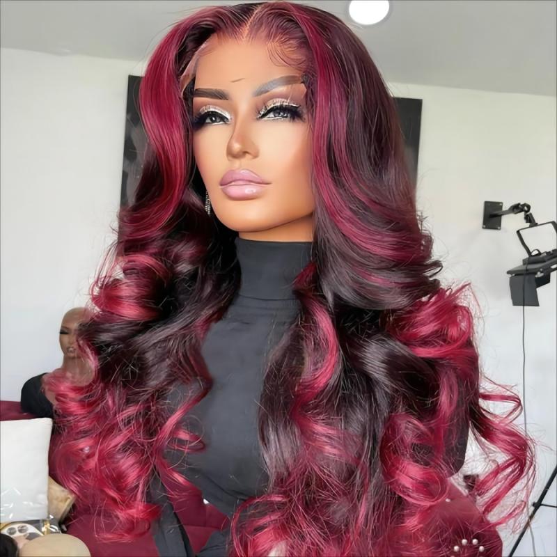 Dark Burgundy With Rose Red Highlights 13x4 Lace Front Loose Wave Wig