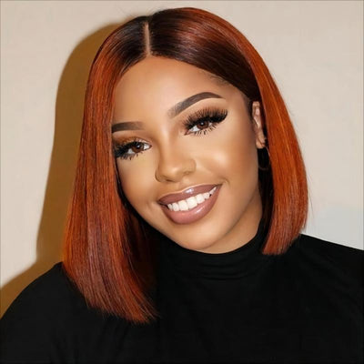 Dark Copper Red Balayage Angled Sleek 13x4 Lace Front Bob Wig