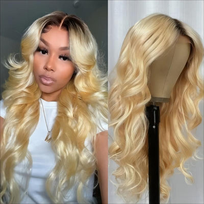 Golden Blonde Loose Wave Wig With Dark Roots 13x4 Lace Front Wig