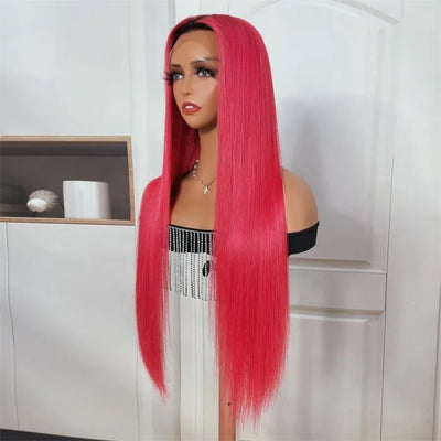 Rose Red Ombre 13x4 Lace Front Straight Wig With Dark Roots