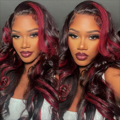 Dark Burgundy With Rose Red Highlights 13x4 Lace Front Loose Wave Wig