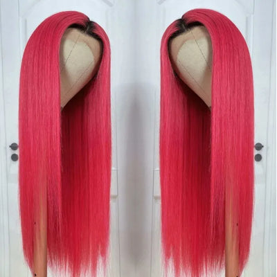 Rose Red Ombre 13x4 Lace Front Straight Wig With Dark Roots