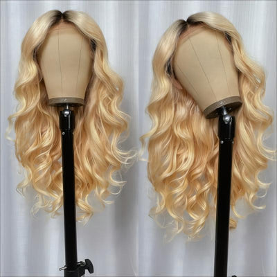 Golden Blonde Loose Wave Wig With Dark Roots 13x4 Lace Front Wig