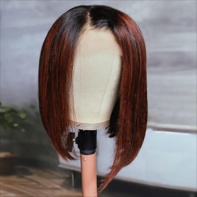 Dark Copper Red Balayage Angled Sleek 13x4 Lace Front Bob Wig