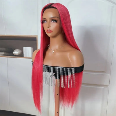 Rose Red Ombre 13x4 Lace Front Straight Wig With Dark Roots