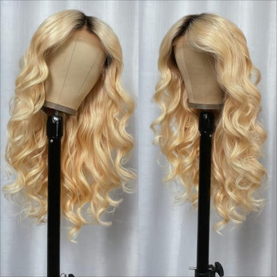 Golden Blonde Loose Wave Wig With Dark Roots 13x4 Lace Front Wig