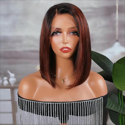 Dark Copper Red Balayage Angled Sleek 13x4 Lace Front Bob Wig