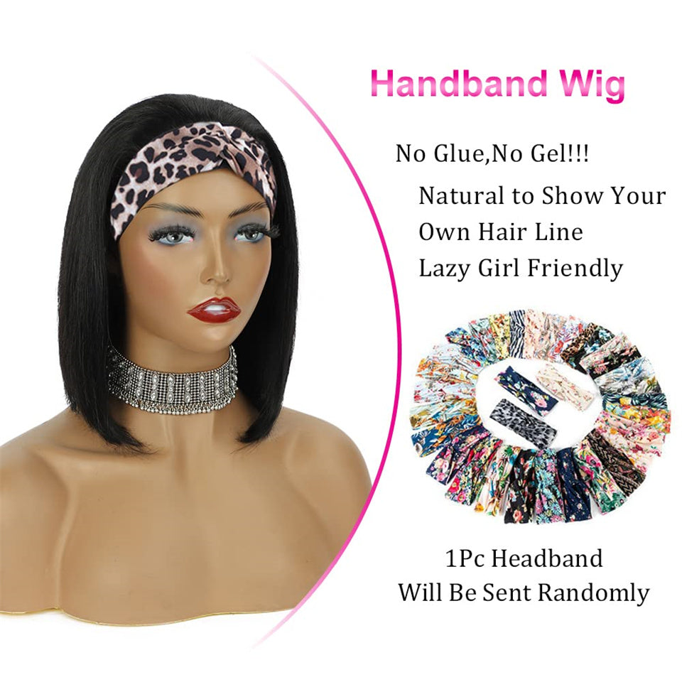 Headband Wigs Short Bob Human Hair Wig with Free Headbands