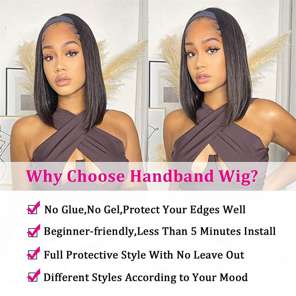 Headband Wigs Short Bob Human Hair Wig with Free Headbands