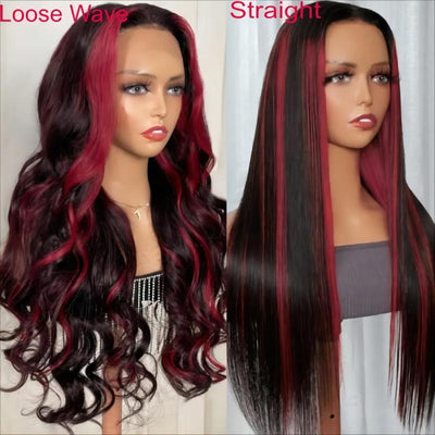 Dark Burgundy With Rose Red Highlights 13x4 Lace Front Loose Wave Wig