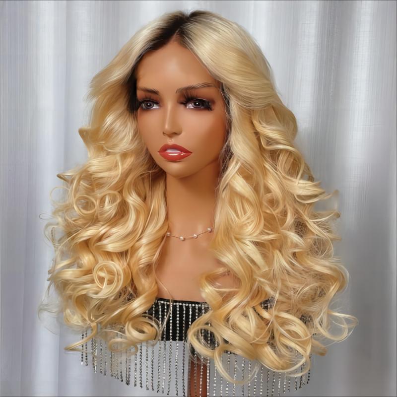 Golden Blonde Loose Wave Wig With Dark Roots 13x4 Lace Front Wig