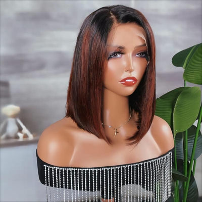 Dark Copper Red Balayage Angled Sleek 13x4 Lace Front Bob Wig