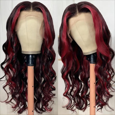 Dark Burgundy With Rose Red Highlights 13x4 Lace Front Loose Wave Wig