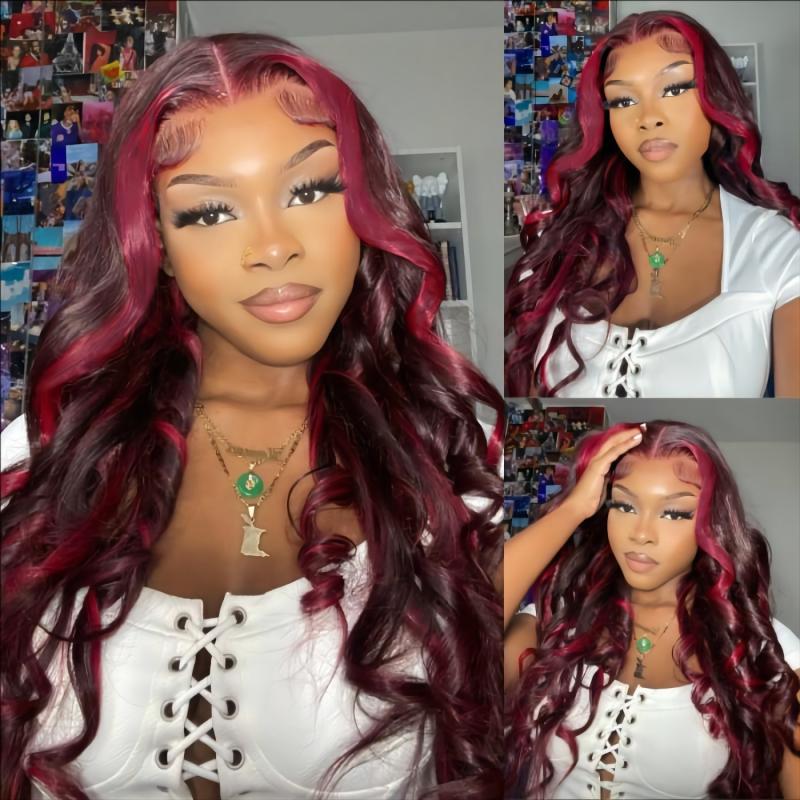 Dark Burgundy With Rose Red Highlights 13x4 Lace Front Loose Wave Wig