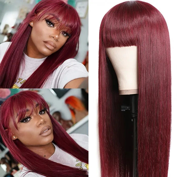 Burgundy Silk Straight Human Hair Wigs with Bangs Glueless Machine Made Wigs