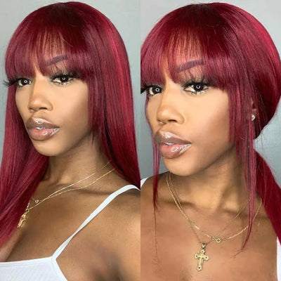 Burgundy Silk Straight Human Hair Wigs with Bangs Glueless Machine Made Wigs