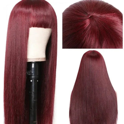 Burgundy Silk Straight Human Hair Wigs with Bangs Glueless Machine Made Wigs