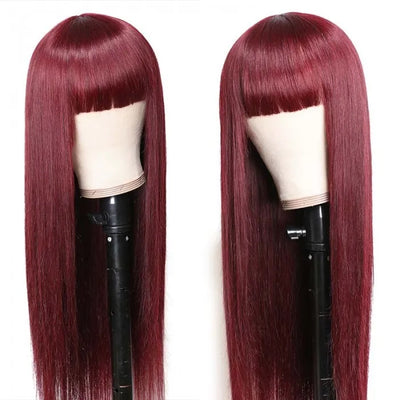 Burgundy Silk Straight Human Hair Wigs with Bangs Glueless Machine Made Wigs