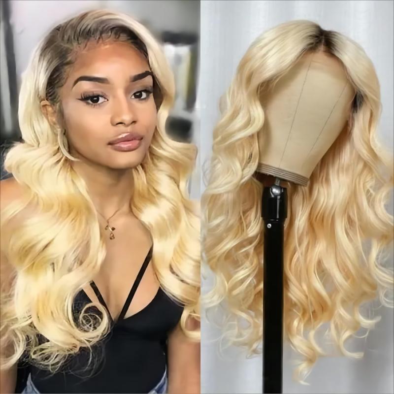 Golden Blonde Loose Wave Wig With Dark Roots 13x4 Lace Front Wig