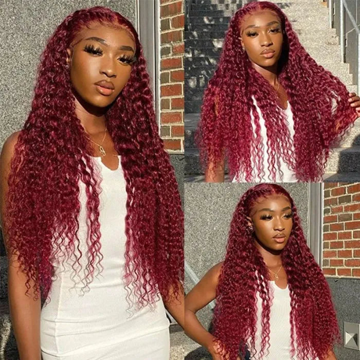 Red Wine Colored 99J Lace Part and 13x4 Lace Front Jerry Curly Wig