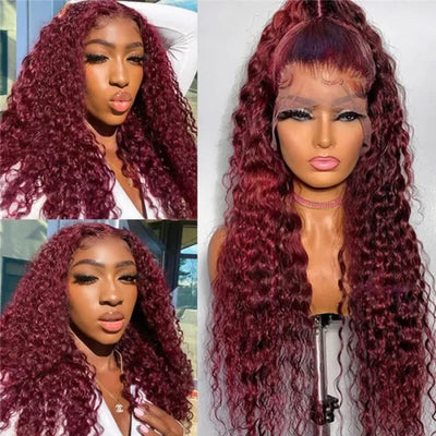 Red Wine Colored 99J Lace Part and 13x4 Lace Front Jerry Curly Wig