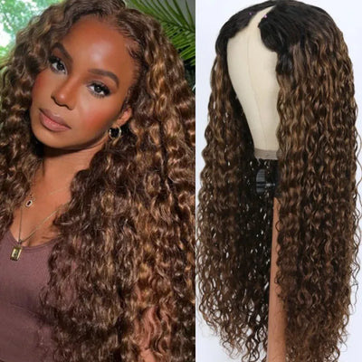 V Part Light Chocolate Brown Water Wave Glueless Wig For Beginners