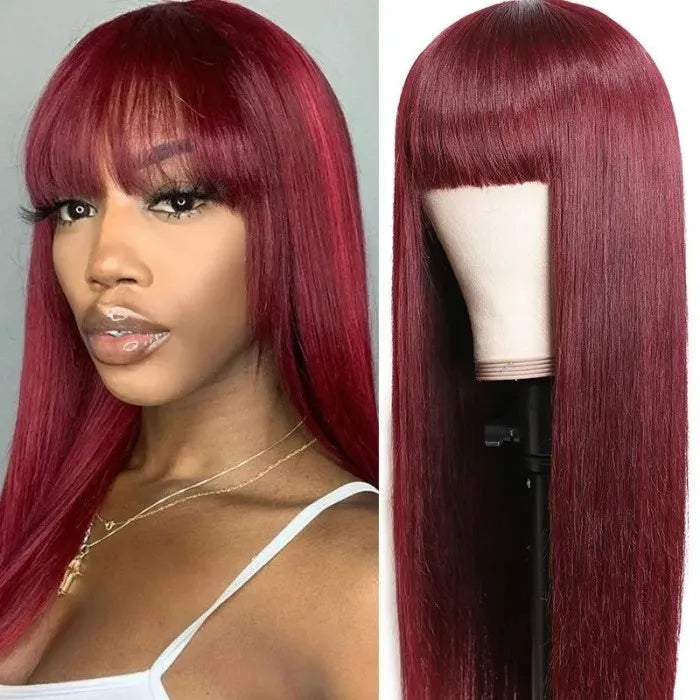 Burgundy Silk Straight Human Hair Wigs with Bangs Glueless Machine Made Wigs