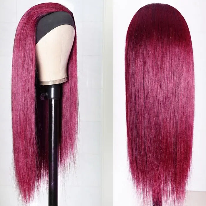 Easy Install Affordable Headband Wig #99J Burgundy Red Colored Straight Human Hair Glueless Wigs