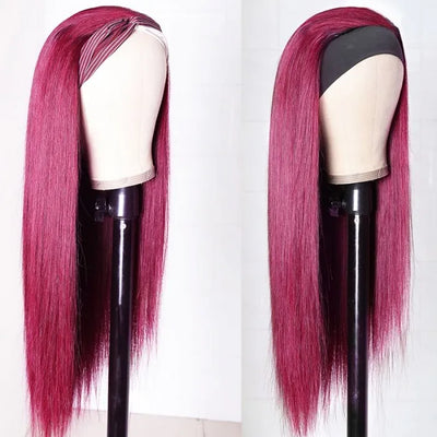 Easy Install Affordable Headband Wig #99J Burgundy Red Colored Straight Human Hair Glueless Wigs