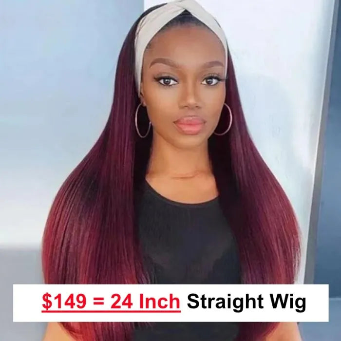 Easy Install Affordable Headband Wig #99J Burgundy Red Colored Straight Human Hair Glueless Wigs