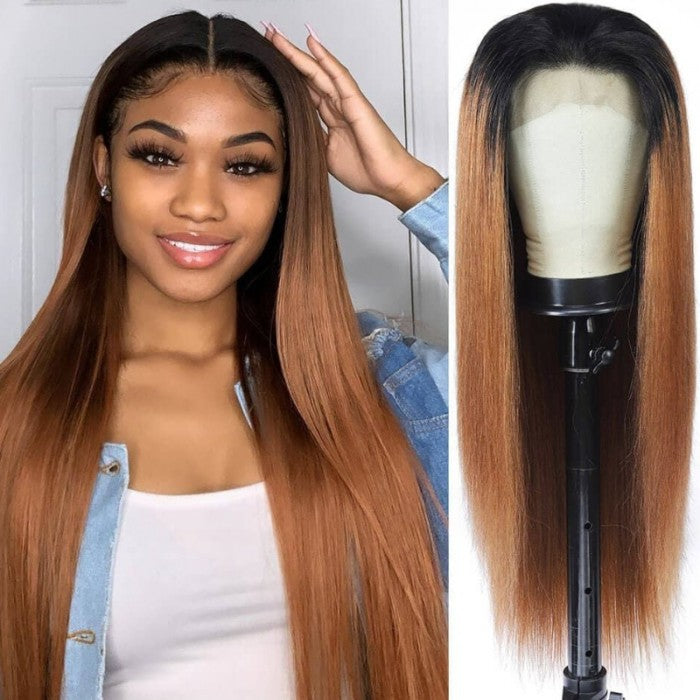 5x5 HD Lace Closure Melted Hairline Light Auburn Straight Wig With Dark Roots