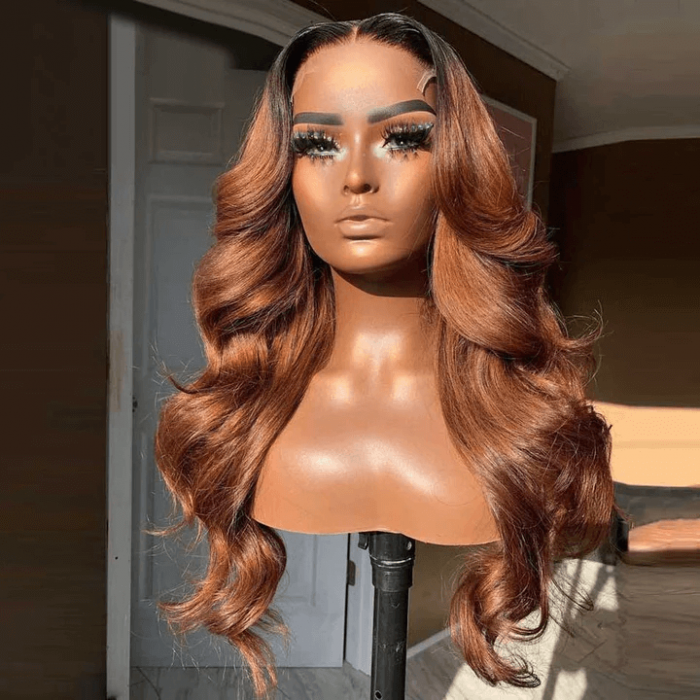 5x5 HD Lace Closure Melted Hairline Light Auburn Straight Wig With Dark Roots